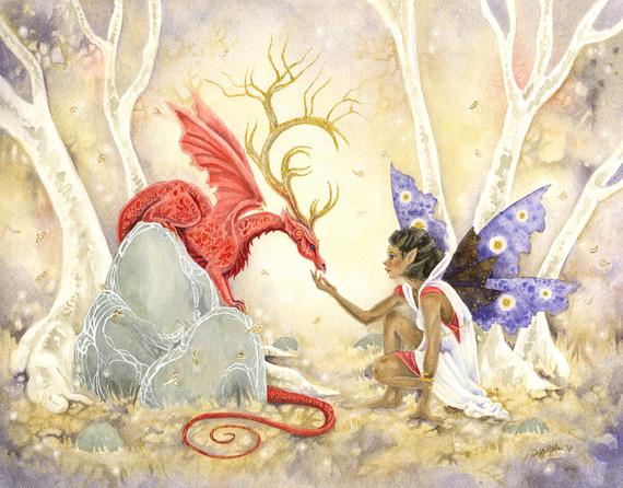 570x446 Fairy Art Watercolor Print Autumn Taming Fantasy. Dragon. Etsy - Watercolor Fairy Art