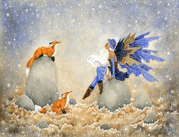 570x437 Fairy Art Watercolor Print First Snow Fantasy Art. Fox. Etsy - Watercolor Fairy Art
