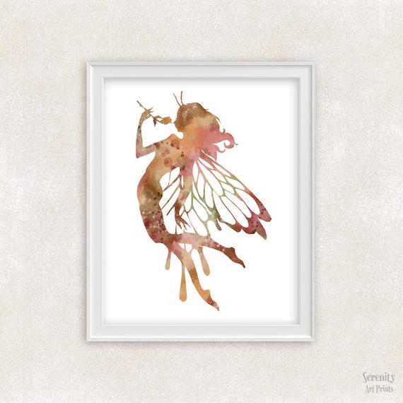 570x570 Fairy Art Print Watercolor Painting In Brown Pink Green Etsy - Watercolor Fairy Art