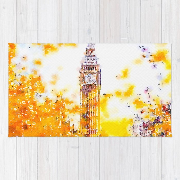 700x700 Big Ben In London With Colorful Yellow Autumn Fall Trees - Watercolor Fall Trees