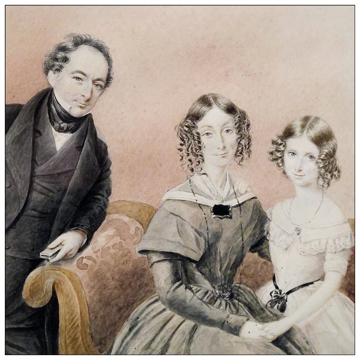 740x740 Mid 19th C Watercolor Family Portrait On Paper The First - Watercolor Family Portrait