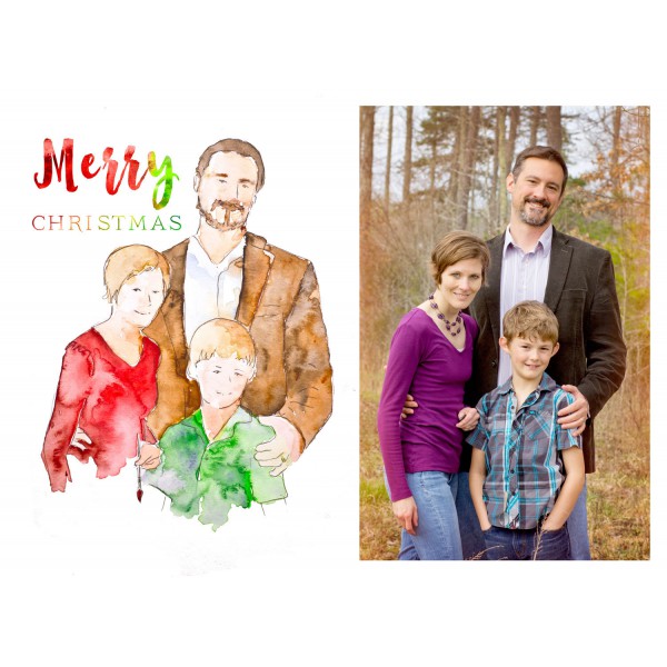 600x600 Custom Christmas Card - Watercolor Family Portrait