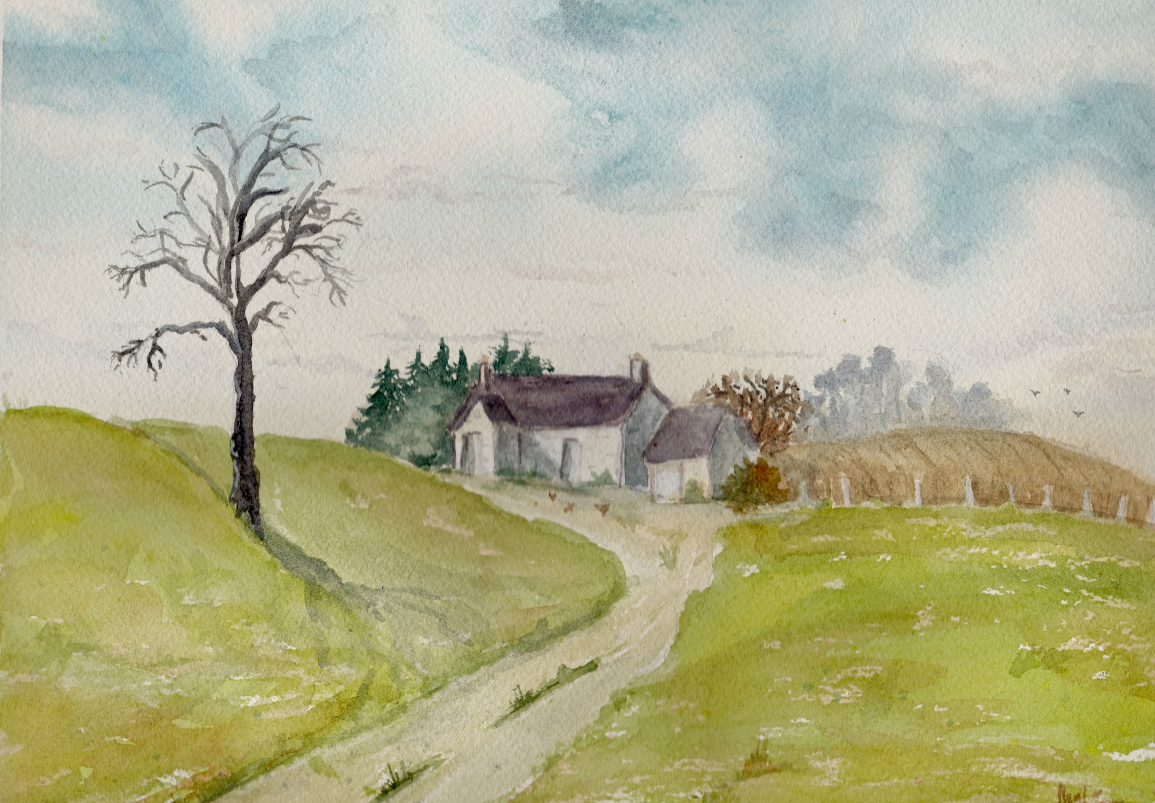 3824x2661 Farm Scene Watercolor Painting - Watercolor Farm