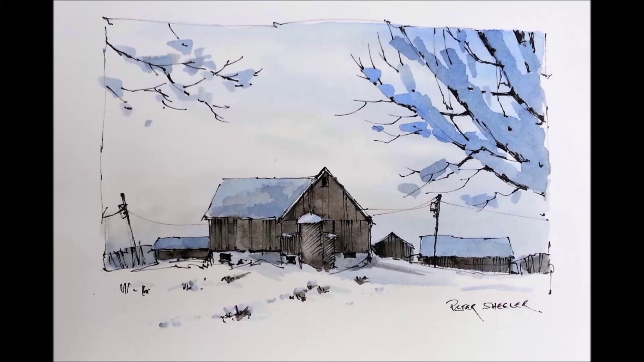 1280x720 Line And Wash Winter Farm Watercolor With Just Two Colors. Great - Watercolor Farm