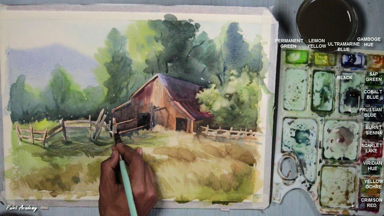 1280x720 Watercolor Farm House Landscape Painting Step By Step - Watercolor Farm