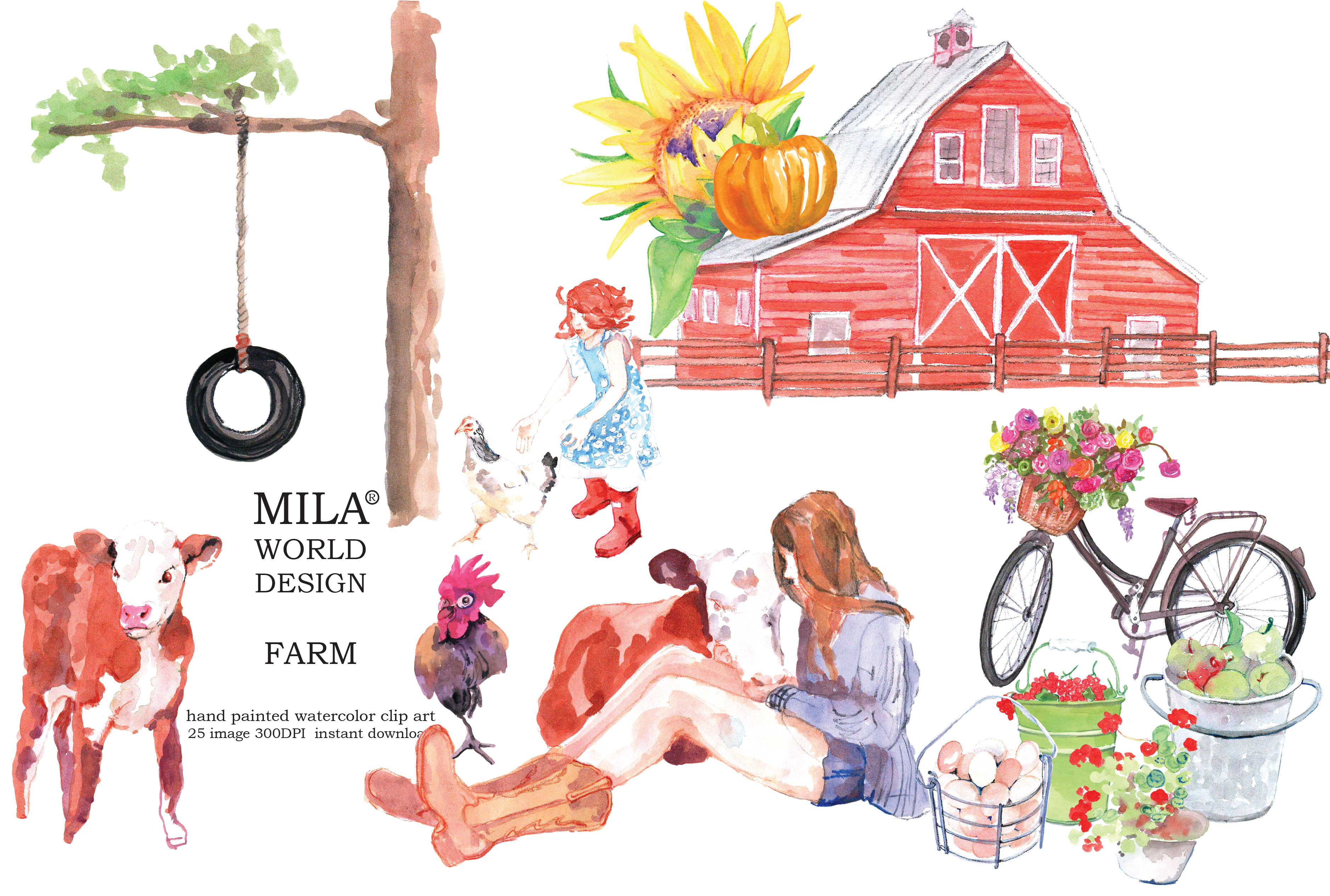 3754x2529 Watercolor Farm Clipart - Watercolor Farm