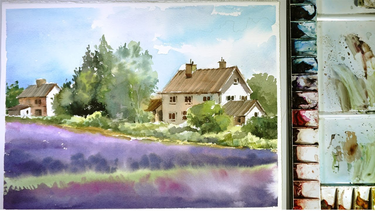 1280x720 Watercolor Landscape Painting Lavender Farm - Watercolor Farm