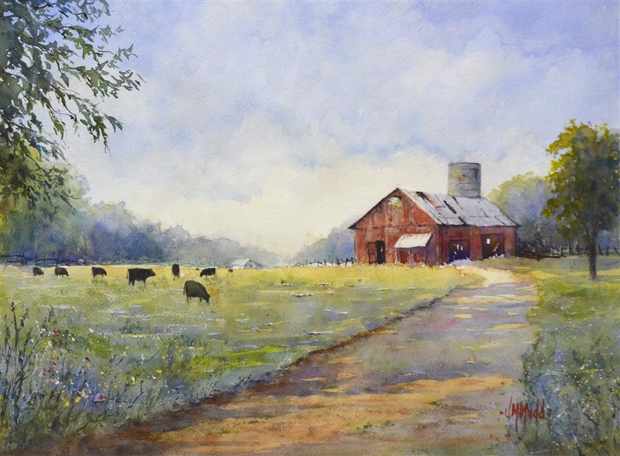 900x663 Black Cows And Red Barn Judy Mudd - Watercolor Farm