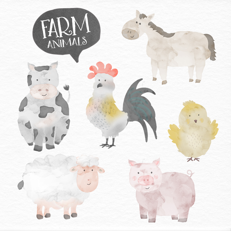 900x900 Farm Animals Watercolor Design Elements - Watercolor Farm Animals