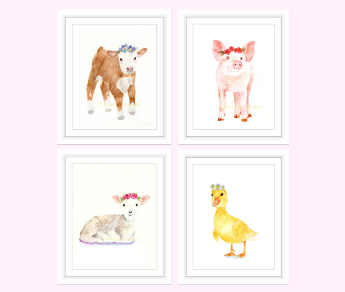 690x585 Flower Crown Farm Animals, Set Of 4 By Breezy Bird Goodies On Zibbet - Watercolor Farm Animals