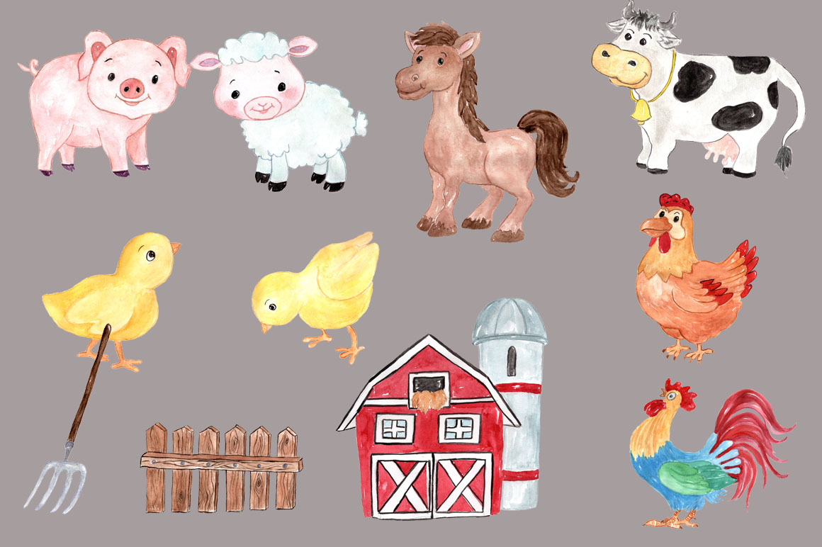 1160x772 Watercolor Farm Animals Clipart By Viv On Paintings For Sale Farm - Watercolor Farm Animals