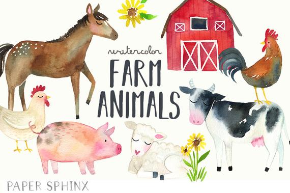 570x379 Watercolor Farm Animals Clipart Farm Clip Art Cow Horse Etsy - Watercolor Farm Animals