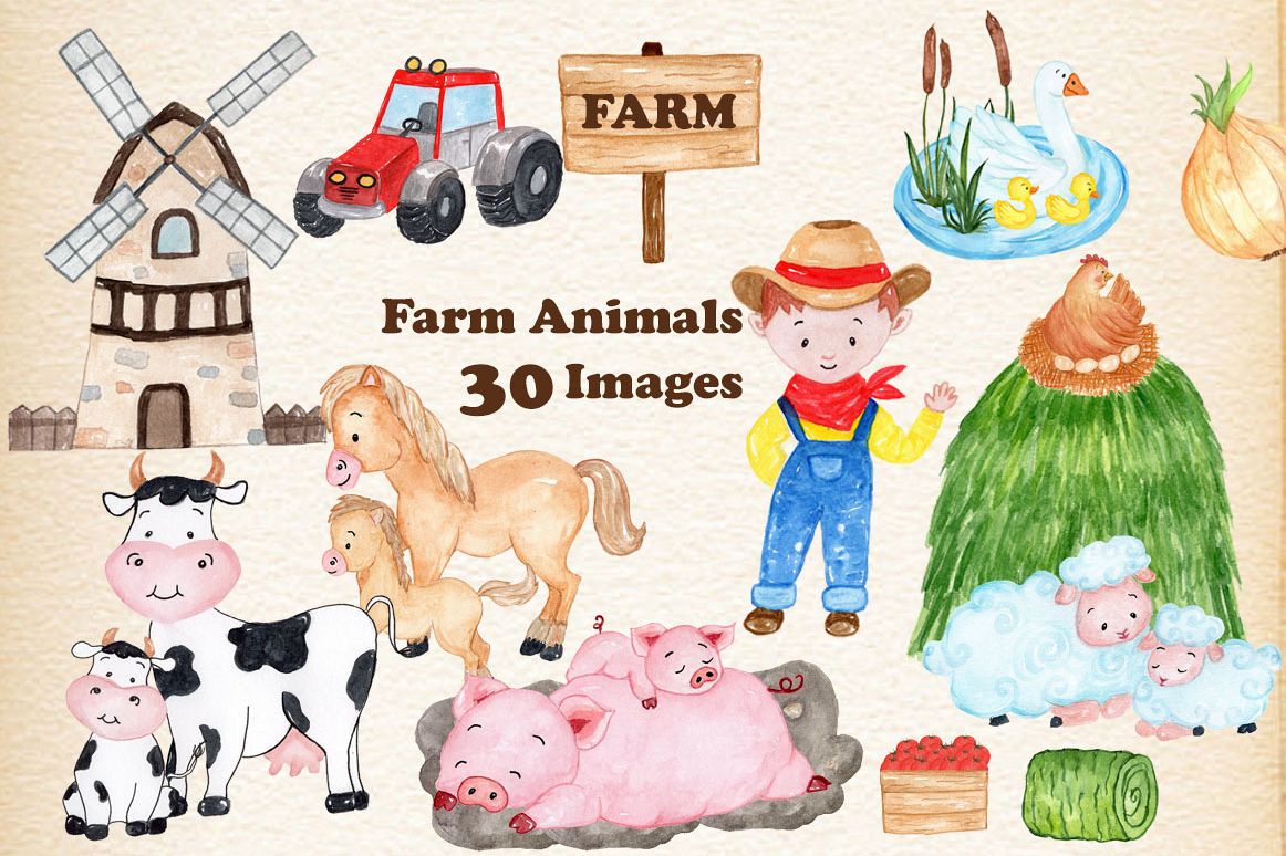 1162x774 Watercolor Farm Animals Clipart - Watercolor Farm Animals