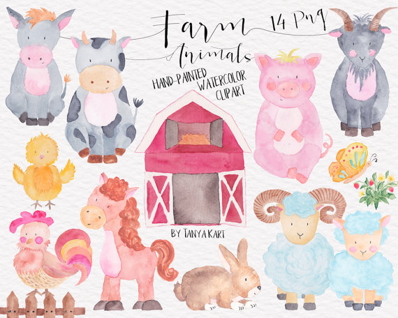 570x456 Farm Animals Clipart, Watercolor Hand Painted Clipart, Farm - Watercolor Farm Animals