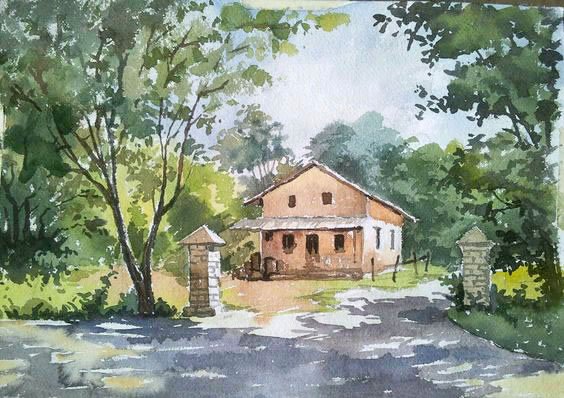 564x398 Farmhouse By Artist Gaurishankar Behera Landscape Art - Watercolor Farmhouse