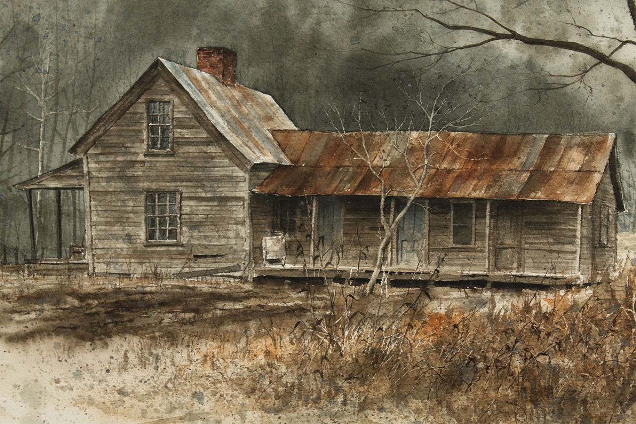 1280x853 Lot 485 Jim Gray Watercolor, Rural Farmhouse In Winter - Watercolor Farmhouse
