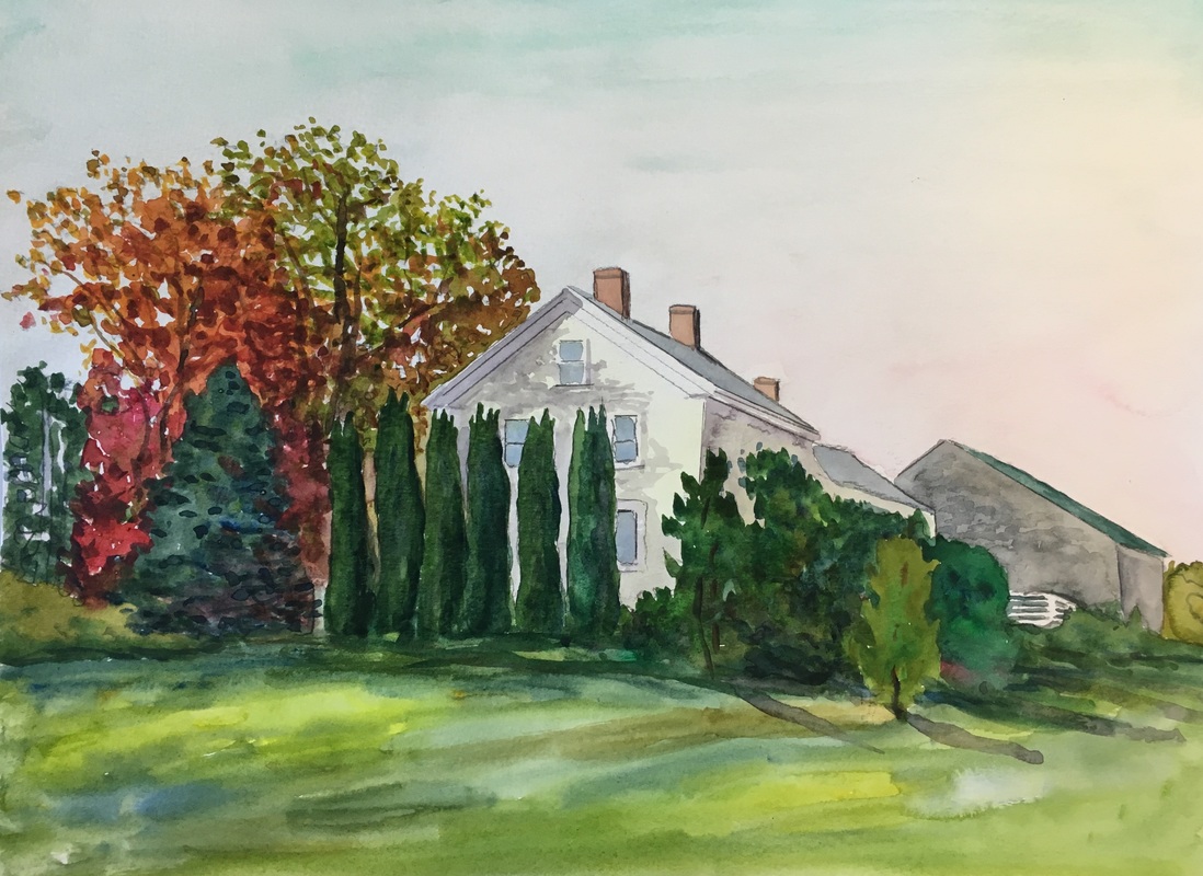 1098x800 Maine Farmhouse - Watercolor Farmhouse