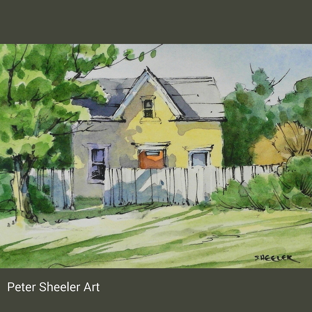 1024x1024 Rural Sketch Of A Cute Yellow Farmhouse. A Tiny One - Watercolor Farmhouse