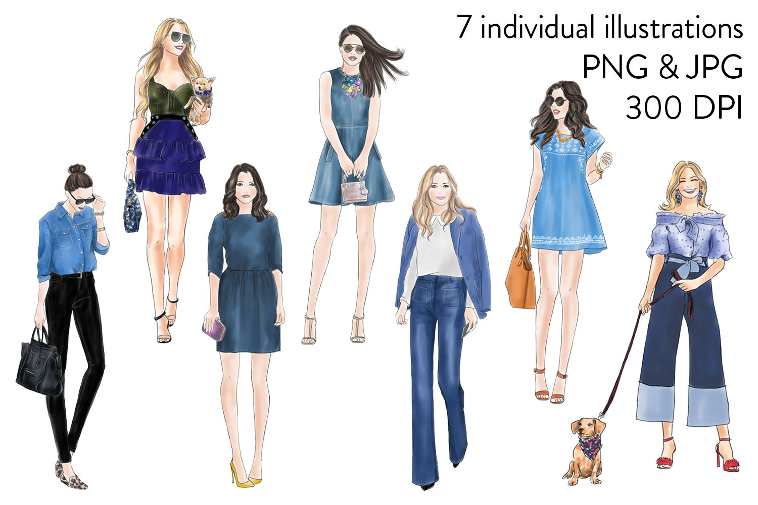 1500x1000 Girls In Denim - Watercolor Fashion Illustration
