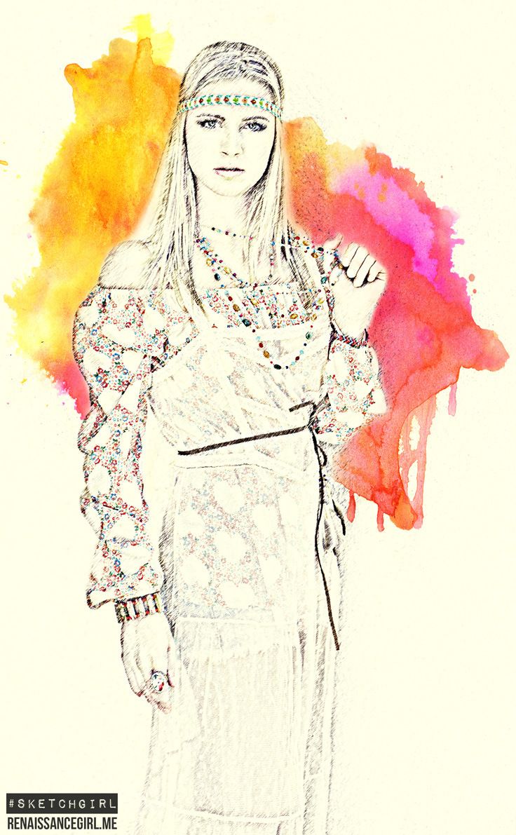 736x1191 Bohemian Watercolor Fashion Sketch Girl Sketchy Fashion - Watercolor Fashion Sketches