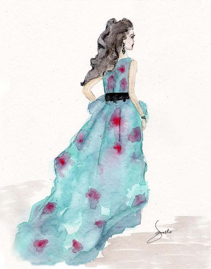 707x900 Cerulean Blue Fashion Sketch Dress Mixed Media By Janelle Nichol - Watercolor Fashion Sketches