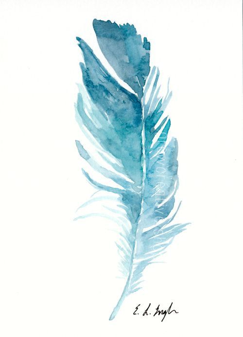 500x694 Original Watercolor Feather Painting, 5x7, Blue, Teal, Bird - Watercolor Feather