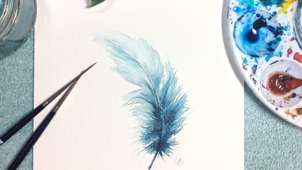 1280x720 Watercolor Blue Feather Real Time Painting Demonstration - Watercolor Feather