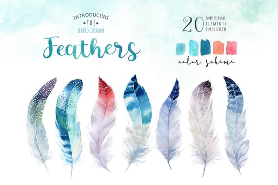 570x379 Watercolor Feathers Bohemian. Clipart Tribe Collection. Etsy - Watercolor Feather