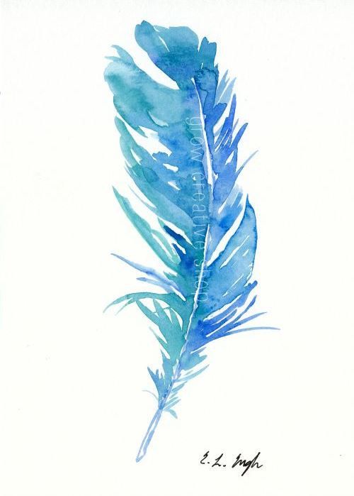 500x699 Blue Teal Bird Feather, Original Watercolor Painting, 5x7, Blue - Watercolor Feather