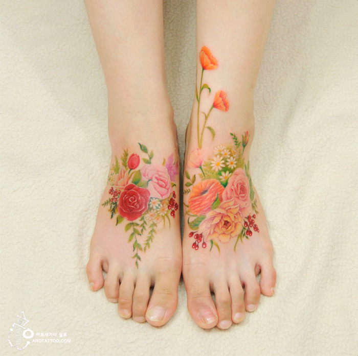 700x697 Flower Tattoos Mimic Watercolor Paintings On Skin Bored Panda - Watercolor Feet
