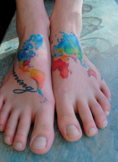 500x684 Colored Watercolor Feet Tattoos - Watercolor Feet