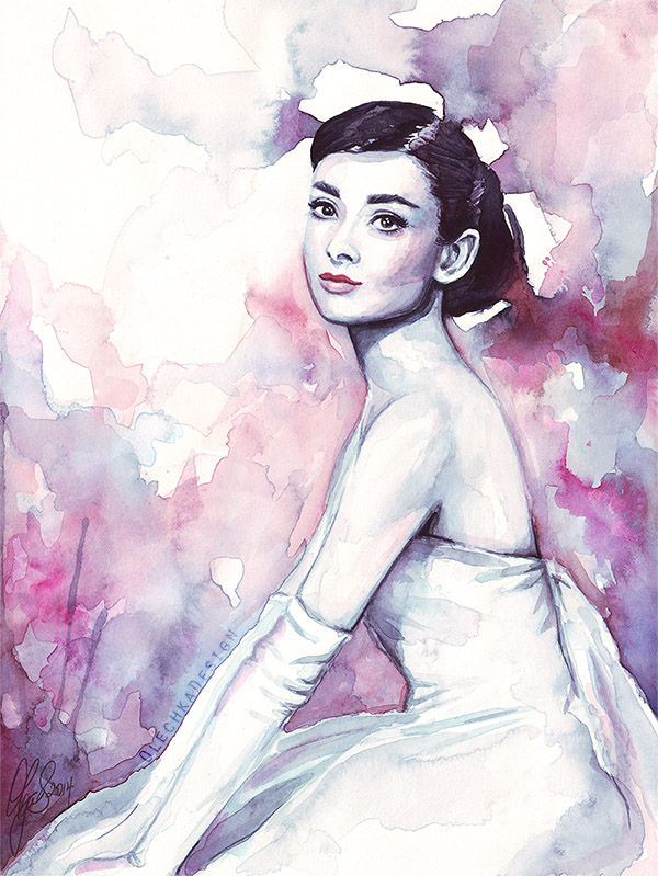 600x799 Audrey Hepburn Watercolor Olechka Design - Watercolor Female Portrait