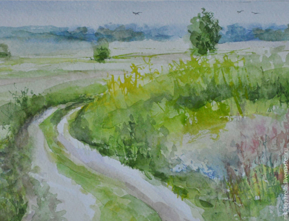 1000x767 Watercolor Landscape Road In Field Shop Online On Livemaster - Watercolor Field