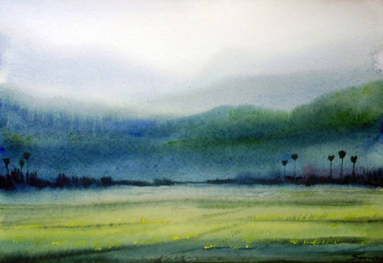 770x528 Green Corn Field Amp Mountain Landscape - Watercolor Field