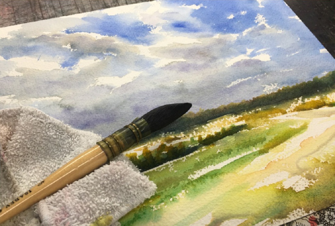 1100x743 How To Paint Field And Sky Watercolor Painting The Art 123 - Watercolor Field