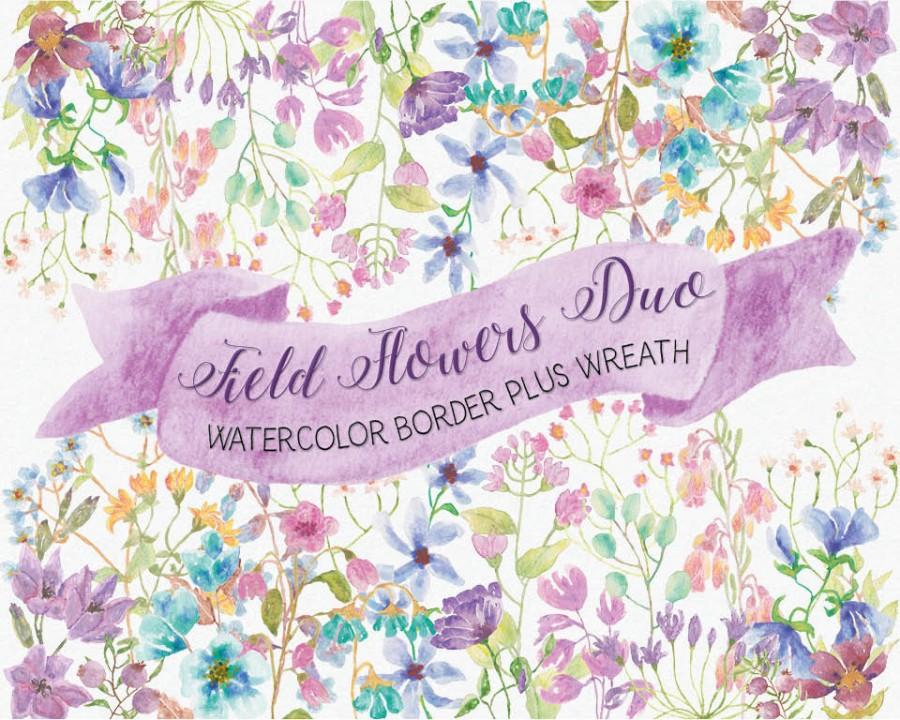 900x720 Field Flowers In Watercolor Wreath Plus Border Watercolor Clip - Watercolor Field Of Flowers