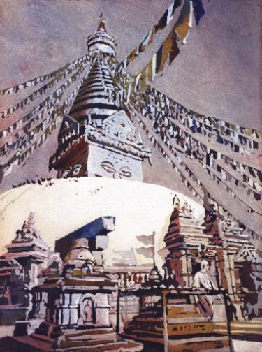 375x504 Fine Art Poured Watercolor Painting Of Swayambhunath Buddhist - Watercolor Fine Art
