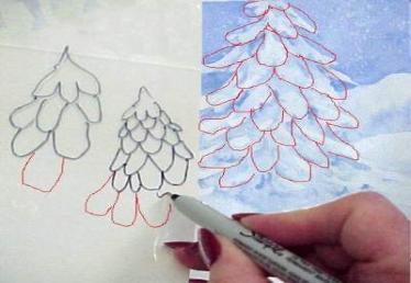 374x258 Painting Snow On Evergreens - Watercolor Fir Trees