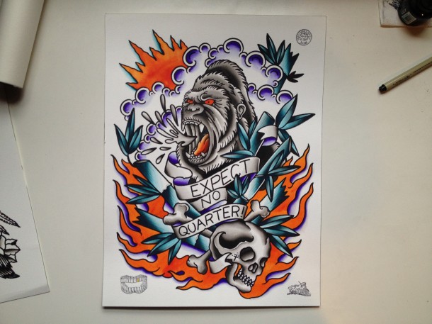 610x457 Expect No Quarter Gorilla Skull Fire Watercolor Painting - Watercolor Fire Tattoo