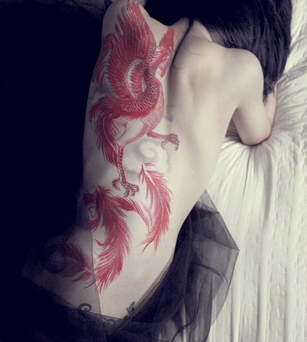600x667 Wonderful Fire Phoenix Watercolor Tattoo Design On Full Back For - Watercolor Fire Tattoo