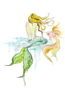 222x300 Mermaid Fish Wall Art Print Watercolor Painting Whimsical Beach - Watercolor Fish Art