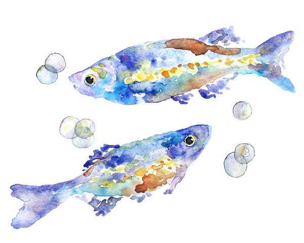 600x480 Watercolor Fish Print, Kids Bathroom Lighthearteddreamer - Watercolor Fish Images