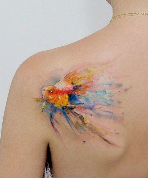 500x600 New Trendy Watercolor Fish Tattoos On Shoulder Body Art - Watercolor Fish Tattoo