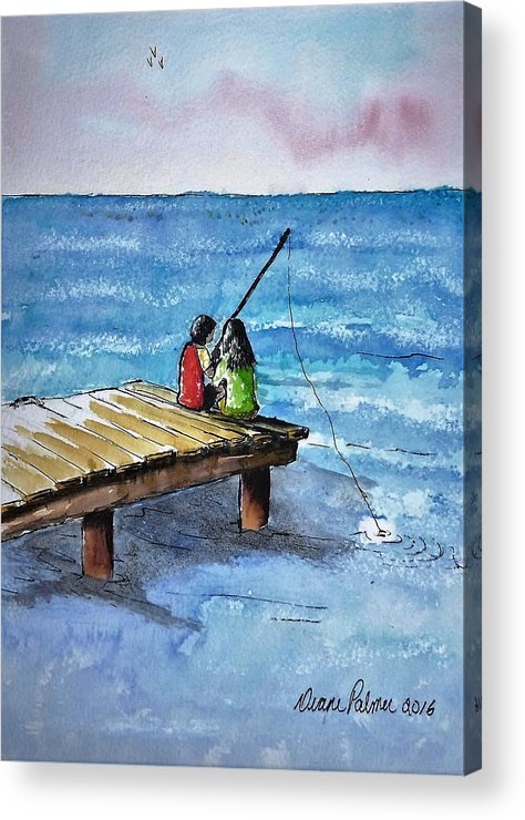 474x740 Kids Fishing Off The Dock Ink And Watercolor Painting Acrylic - Watercolor Fisherman