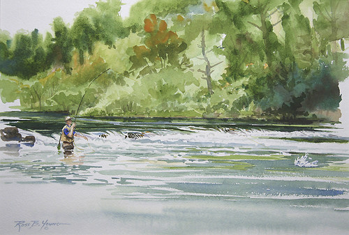 500x337 Below The Dark Water, Fly Fishing Artwork - Watercolor Fisherman
