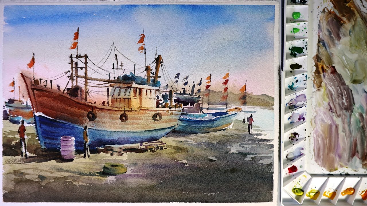 1280x720 Watercolor Painting Fishing Boat In Port - Watercolor Fisherman
