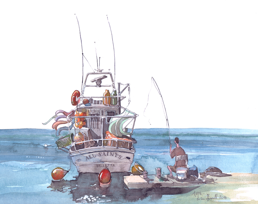 900x711 Watercolour Painting Of A Boat And Fisherman, Malta For Sale Here - Watercolor Fisherman