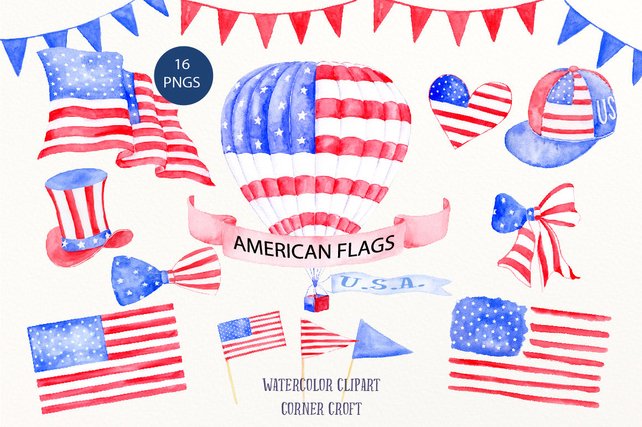 642x427 American Flag Clip Art Watercolor Air Balloon American Hat Etsy - Watercolor Flag