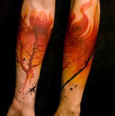 236x238 Oak Tree On Fire Tattoo - Watercolor Flame Tattoo