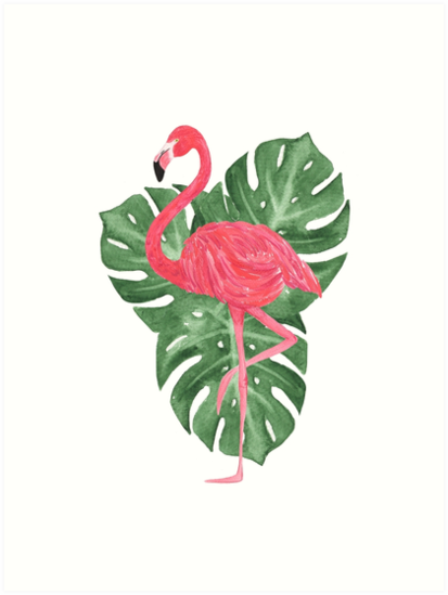 413x549 Watercolor Tropical Leaves Pink Flamingo Art Prints By - Watercolor Flamingo Png
